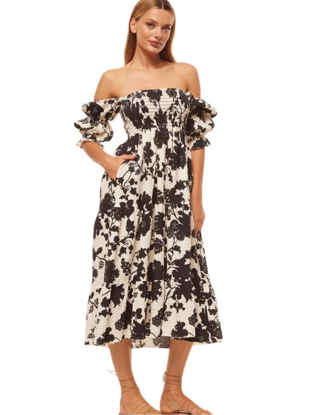 Misa LA Margarita Dress in Floral Black/White, Off the Shoulder, Size S
